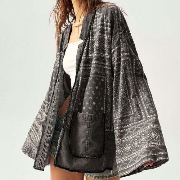 Multicolor Casual Women's Pattern Print Patchwork Jacket - Picture 1 of 8